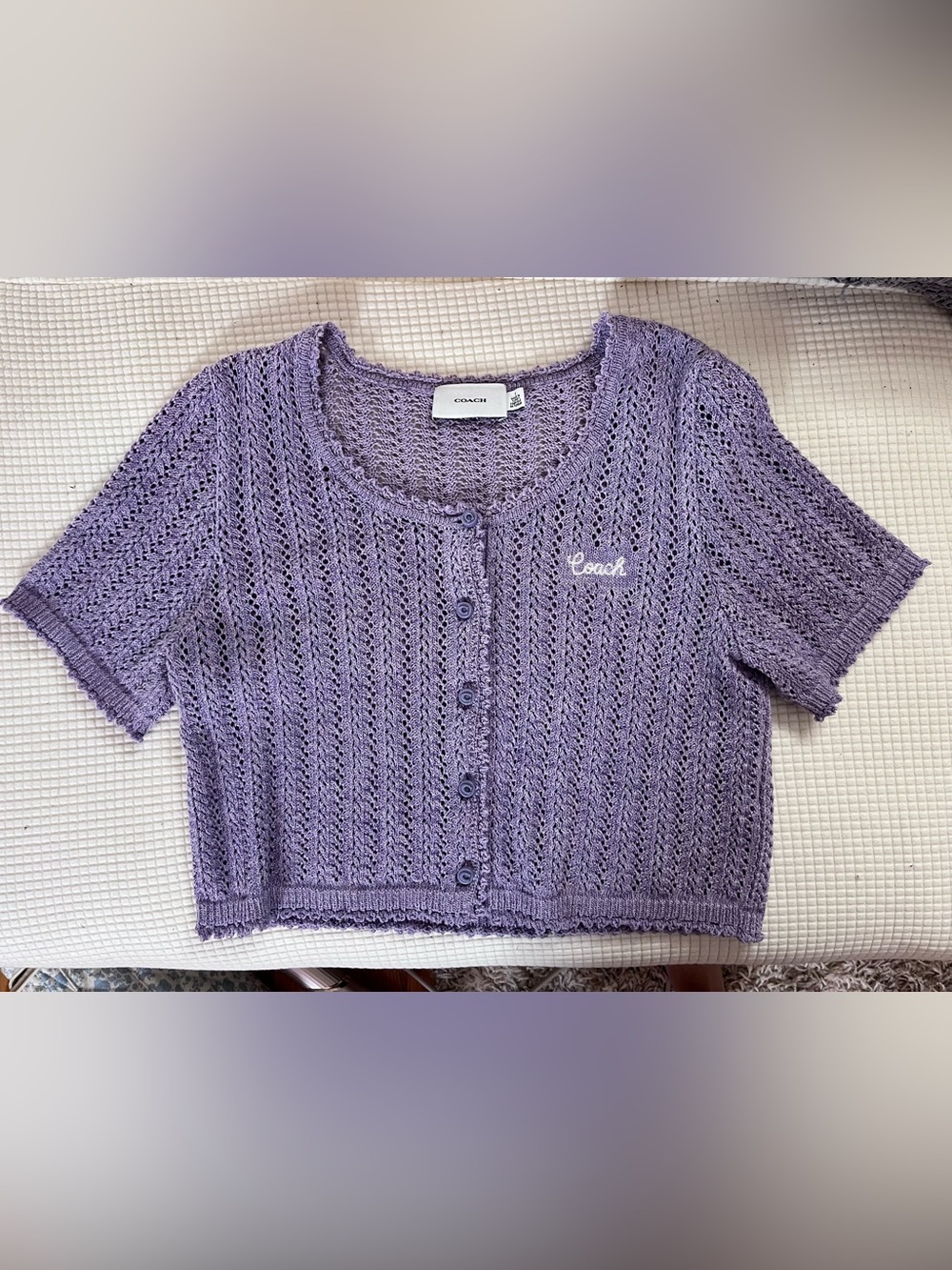 Coach Lilac Open-Knit Button Cardigan
